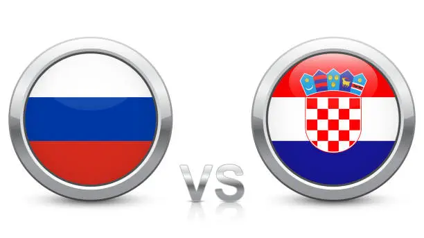 Vector illustration of Russian Federation vs. Republic of Croatia. Shiny metallic icons buttons with national flags isolated on white background.