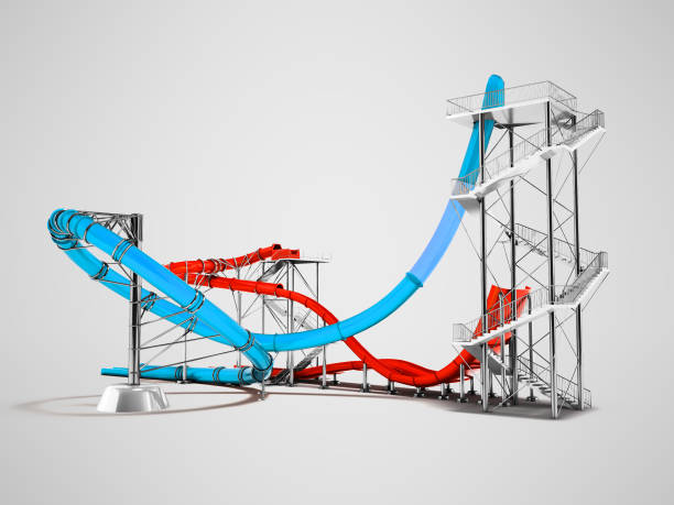 istock Modern blue red water roller coaster rides for water park behind 3d rendering on gray background with shadow 991406724