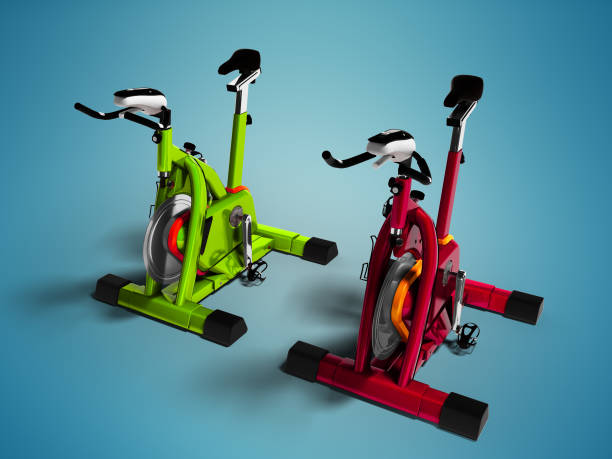 istock Modern green and red exercise bikes perspective 3d render on blue background with shadow 991406728