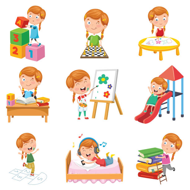 вектор иллюстрация маленькая девочка играет - child little boys people friendship stock illustrations