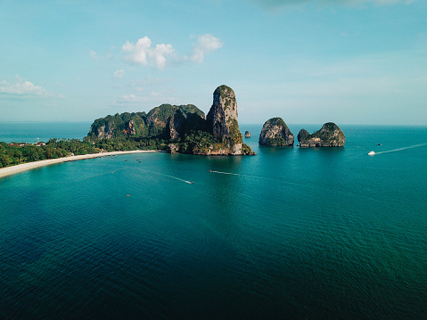 Aerial high angle view of the sandy coastline near Railay beach, in the Krabi province, Thailand.