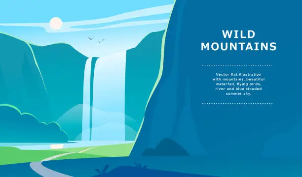 Vector illustration of Vector flat summer landscape illustration with waterfall, river, mountains, sun, forest on blue clouded sky. Perfect for travel camping tour poster, placard, flayer, leaflet, banner. Nature view.