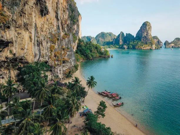 Aerial high angle view of the sandy coastline near Railay beach, in the Krabi province, Thailand.