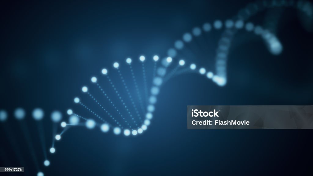 Illustrazione 3d della molecola rotante incandescente di DNA su sfondo blu - Foto stock royalty-free di DNA