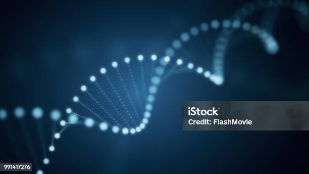 파란색 배경에 Dna 빛나는 분자 회전의 3 차원 그림 DNA에 대한 스톡 사진 및 기타 이미지 - DNA, 나선 모양, 추상적인