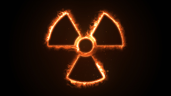 3d illustration of fire or flow energy from nuclear and biohazard symbols.