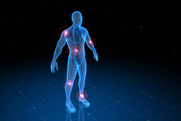 cyfrowe ludzkie ciało z widocznym bólem w różnych miejscach, ilustracja 3d - body care flash zdjęcia i obrazy z banku zdjęć