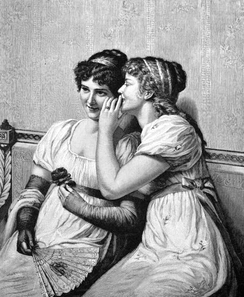 dwie kobiety szepczące tajemnice - old old fashioned engraved image engraving stock illustrations