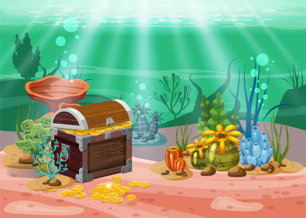 ilustrações de stock, clip art, desenhos animados e ícones de underwater landscape. the ocean and the undersea world with different inhabitants, corals and pirate chest . web and mobiles game design or screen savers. cartoon style, isolated - starting at the bottom