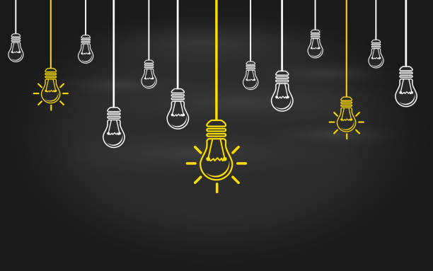Light bulbs on a blackboard background. Light bulbs on a blackboard background. Creativity concept with innovation or inspiration in global business, thinking outside the box. Business strategy in startup. New leaderships on teamwork. background of a definition stock illustrations