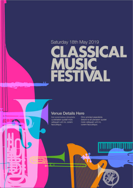 Classical Music Poster Colourful overlapping silhouettes of Classical Orchestra musical instruments music festival stock illustrations