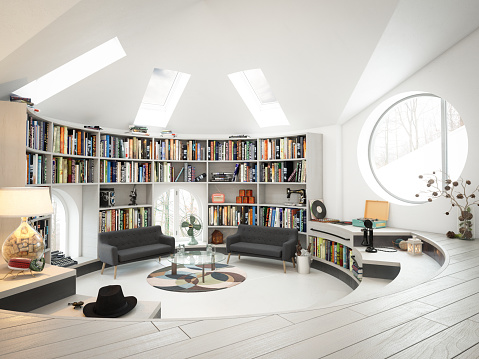 Digitally generated warm and cozy loft interior scene.\n\nThe scene was rendered with photorealistic shaders and lighting in Autodesk® 3ds Max 2016 with V-Ray 3.6.\n\n*Note: The design(s)/writing(s) on the books that are placed in the bookshelf, are pure fictional and does not resemble any book cover(s)/magazine(s). The purpose of those fictional design(s)/writing(s) on the book(s) is to give a sense of realism.