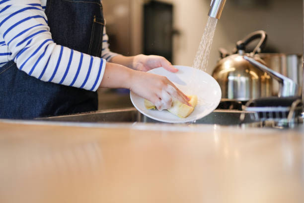 plato de lavado de camarera en la cocina del restaurante - cleaning sponge fotografías e imágenes de stock