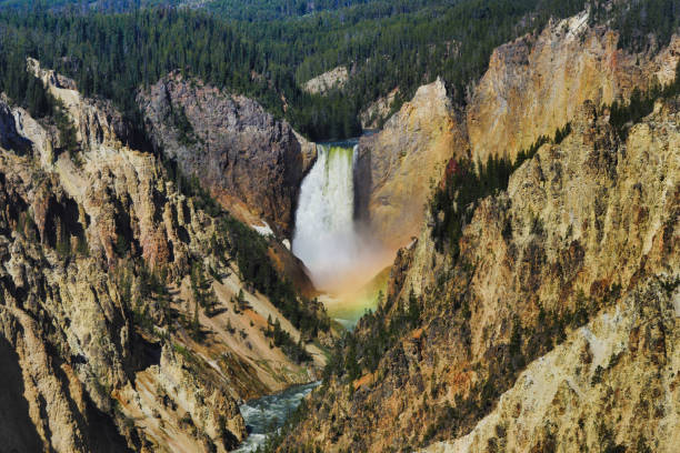 yellowstone lower falls rainbow - lower falls imagens e fotografias de stock