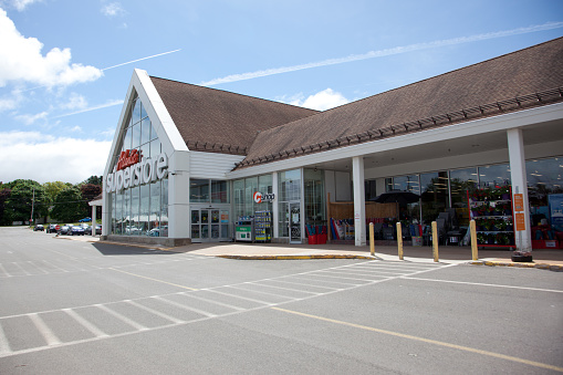 June 3, 3018- New Minas, Nova Scotia: The outside of the Atlantic Superstore grocery store in the village of New Minas, including the C Shop tobacco store.