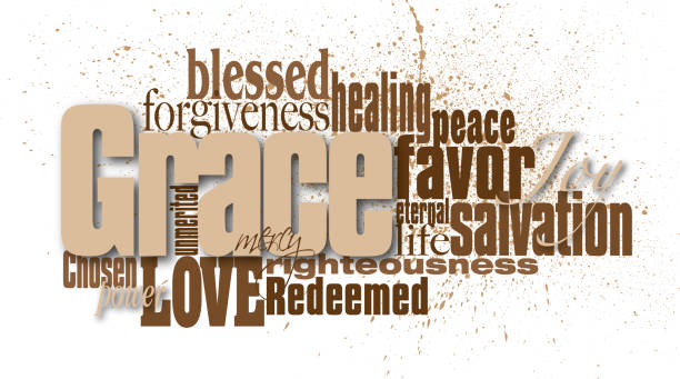 Christian Grace word montage Graphic typographic design composed of words and phrases associated with the Biblical and Christian term of Grace. A subtle spatter of blood sets in background. gospel stock illustrations