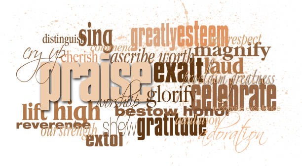 Christian praise word montage Graphic typographic montage of the word praise with associated Christian and Biblical words and phrases praise and worship stock illustrations