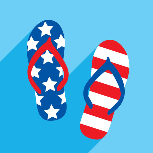 Patriotic Flip Flops Vector illustration of patriotic stars and stripes flip flops against a blue background in flat style. usa flag shoes stock illustrations