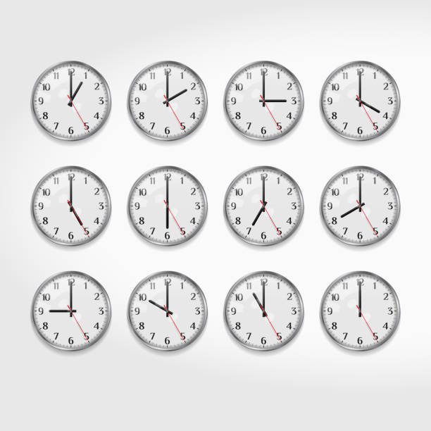 istock Office Wall Clocks Showing the Times of Day. Round Quartz Analog Wall Clock. Clock Face with Arabic Numerals. Vector Art 991526384