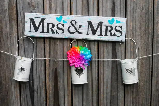 This photo was taken of wedding decoration set up, the homemade Mrs & Mrs sign was sitting on top of a nail above the buckets which had a single rainbow flower added.