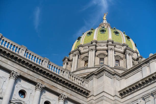 Pennsylvania State Capitol Building in Harrisburg Daylight upward view of the Pennsylvania state capitol building in Harrisburg, PA harrisburg pennsylvania stock pictures, royalty-free photos & images