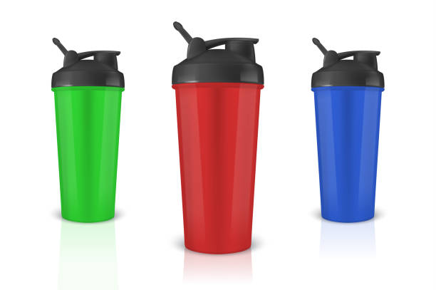 istock Vector realistic 3d green, red and blue empty glossy metal shaker for sports nutrition with black cap icon set closeup isolated on white background. Design template of packaging mockup for graphics. Front view 991555380