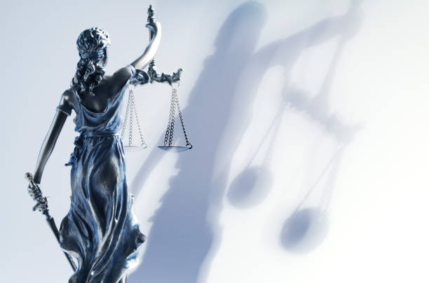 Lady Justice And Her Shadow A rear view of the statue of lady justice with her shadow projected on the wall behind her shadow of justice statue stock pictures, royalty-free photos & images