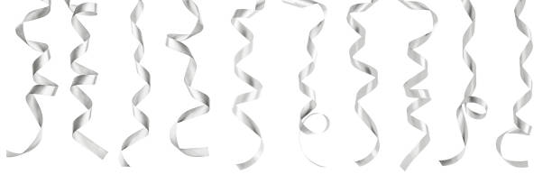 silver satin ribbon scroll set isolated on white background with clipping path for christmas and wedding card design decoration element - curled up ribbon isolated on white photography imagens e fotografias de stock