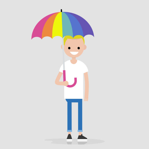 ilustraciones, imágenes clip art, dibujos animados e iconos de stock de lgbtq. estilo de vida lgbt. joven personaje sosteniendo un paraguas de arco iris. protección. cubierta. ilustración de vector completamente editable, prediseñadas - rainbow umbrella descriptive color multi colored