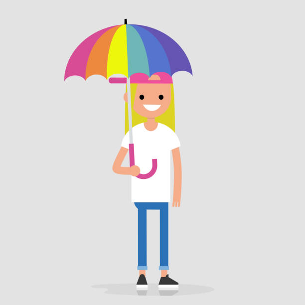 ilustraciones, imágenes clip art, dibujos animados e iconos de stock de lgbtq. estilo de vida lgbt. joven personaje sosteniendo un paraguas de arco iris. protección. cubierta. ilustración de vector completamente editable, prediseñadas - rainbow umbrella descriptive color multi colored