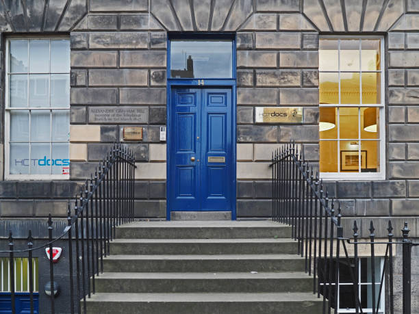 birthplace of Alexander Graham Bell Edinburgh, Scotland - September 21, 2016:  This Georgian townhouse, now used for offices, has an engraved stone stating that it was the birthplace in 1847 of Alexander Graham Bell. alexander graham bell stock pictures, royalty-free photos & images