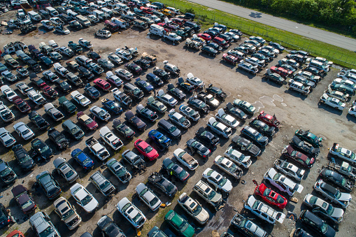 Aerial drone photo of a car junk yard