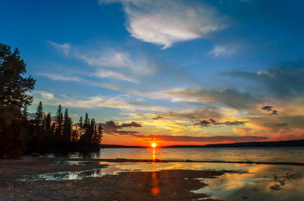 istock lake and red sunset glow, sun rays, black silhouettes of trees and reflection 991609204