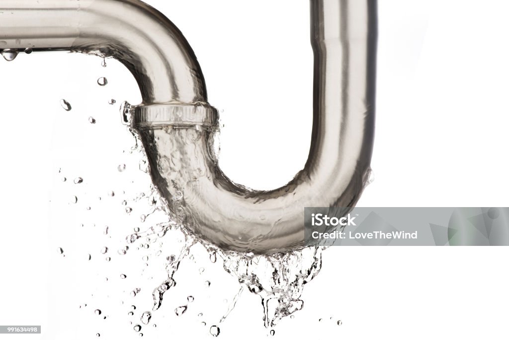 Water leaking or splash from pipe on black background Water Pipe Stock Photo