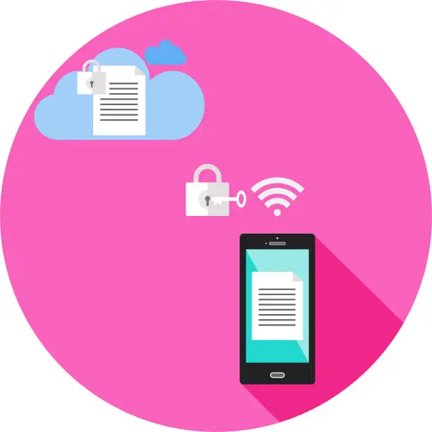 Vector illustration of Secured files transfer via wifi connection to Cloud technology.