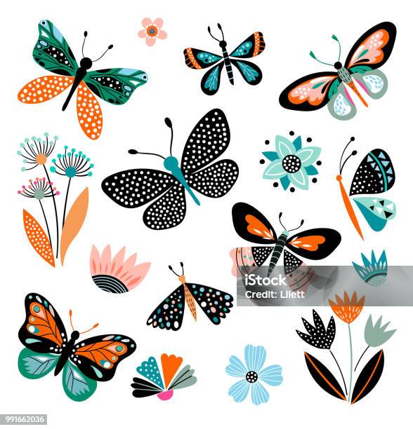 Papillons Et Fleurs Collection Dessinée À La Main Vecteurs libres de droits et plus d'images vectorielles de Papillon - Papillon, Dessin, Aile d'animal