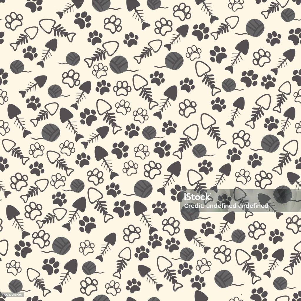 Fish Paw Pattern Cute Seamless Pattern With Cat Paw Prints Fish Bones And Yarns Stock ...