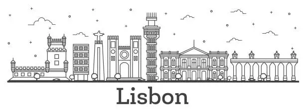 Vector illustration of Outline Lisbon Portugal City Skyline with Historic Buildings Isolated on White.