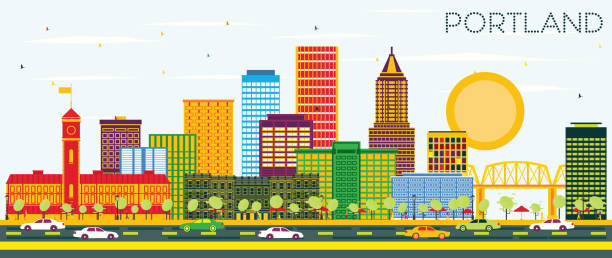 illustrazioni stock, clip art, cartoni animati e icone di tendenza di skyline di portland oregon city con edifici a colori e cielo blu. - portland oregon skyline cityscape silhouette