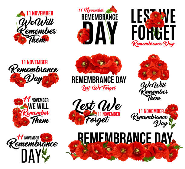 Remembrance Day red poppy flower icon design Remembrance Day poppy flower icon. Memorial Day floral symbol of red poppy flower wreath with Lest We Forget text for 11 November Armistice Day anniversary celebration in British Commonwealth red poppy stock illustrations