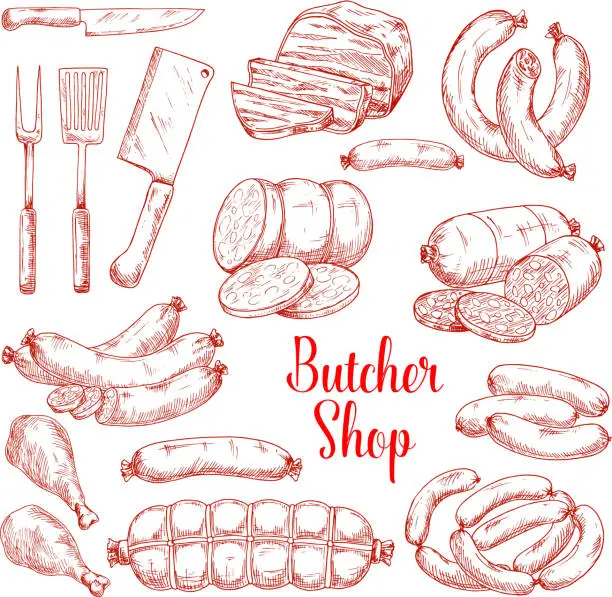 Vector illustration of Vector sketch icons of butchery meat products