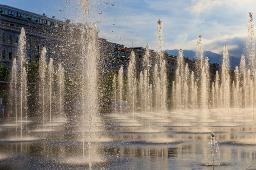 Reflecting fountain on Promenade du Paillon in green urban park at Place Massena or Massena square in Nice, France on an early morning