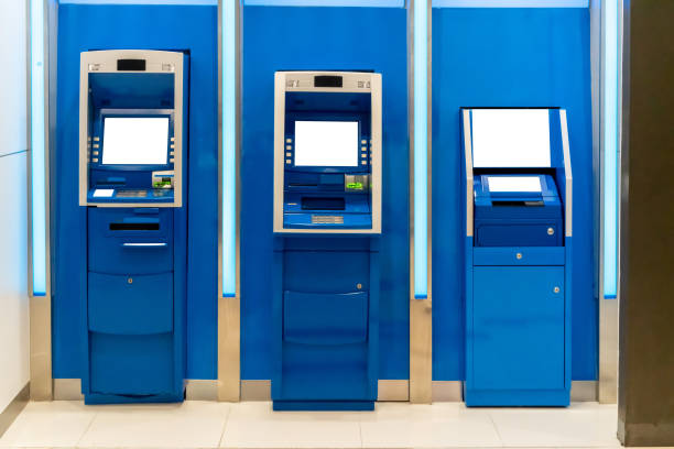 istock Blue ATM machine. The station automatic machines 991807284