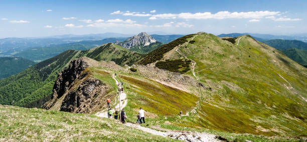 Sutovo, Slovakia - June 3, 2017: beautiful Krivanska Mala Fatra mountain range with Hromove, Steny and rocky Velky Rozsutec hill with other mountain ranges on the background  from Chleb hill in Slovakia