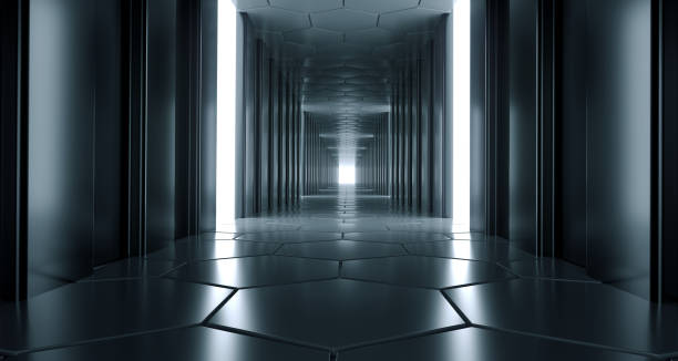 istock Dark Futuristic Modern Sci Fi Reflective Corridor With Reflective Hexagon Floor And Ceiling And Side Lights 3D Rendering 991812668