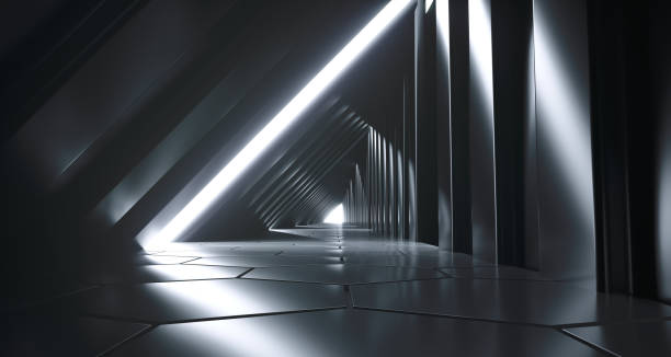 istock Dark Futuristic Modern Sci Fi Triangle Shaped Reflective Corridor With Reflective Hexagon Floor And Side Lights 3D Rendering 991812714