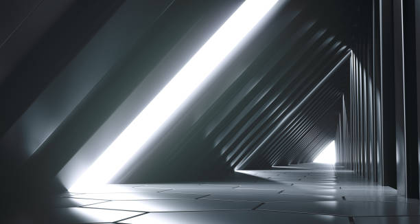 istock Dark Futuristic Modern Sci Fi Triangle Shaped Reflective Corridor With Reflective Hexagon Floor And Side Lights 3D Rendering 991812746