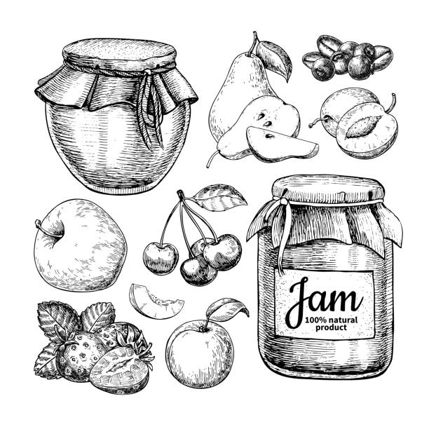 ilustrações de stock, clip art, desenhos animados e ícones de fruit jam glass jar vector drawing. jelly and marmalade with strawberry, cherry, blueberry, apple, pear, apricot, plum. - pera