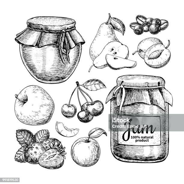 Fruit Jam Glass Jar Vector Drawing Jelly And Marmalade With Strawberry Cherry Blueberry Apple Pear Apricot Plum - Arte vetorial de stock e mais imagens de Compota - Paté