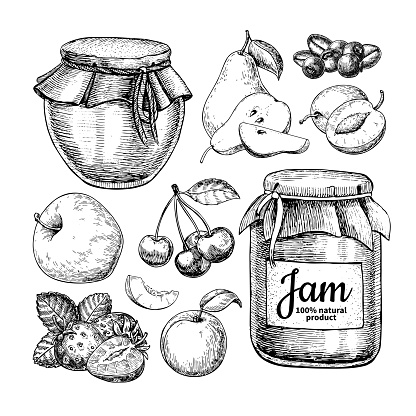 Fruit jam glass jar vector drawing. Jelly and marmalade with strawberry, cherry, blueberry, apple, pear, apricot, plum. Hand drawn food illustration. Sketch style vintage objects for label, icon, packaging design.